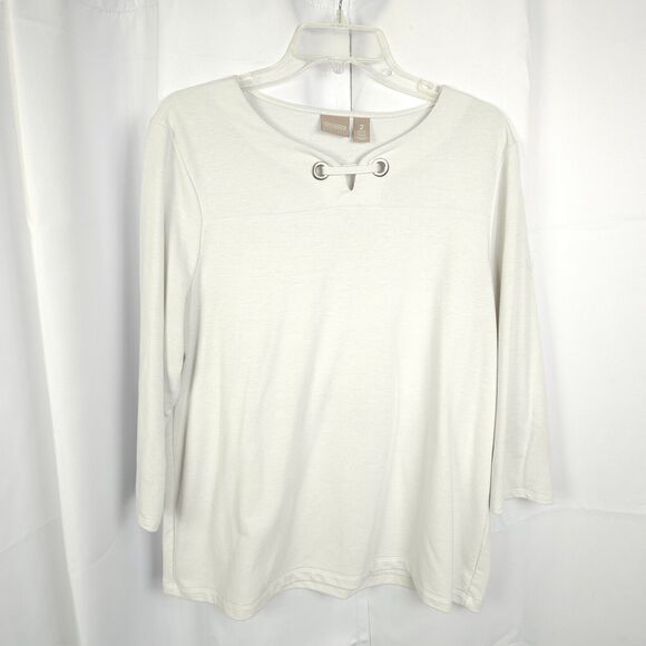 Chico's 2 Womens 12 White Hardware Detail Keyhole 3/4 Sleeve Tunic Top - Picture 1 of 7